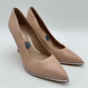BCBGeneration Harleigh Beige Leather Pointed Toe Stiletto Heels w Silver Accent